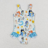 Cartoon Dogs Plaid Blue Ruffles Girls Swimsuits