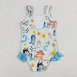 Cartoon Dogs Plaid Blue Ruffles Girls Swimsuits