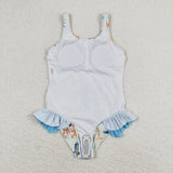 Cartoon Dogs Plaid Blue Ruffles Girls Swimsuits