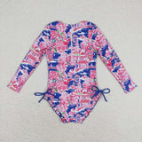 Floral Red Blue Girls Swimsuits