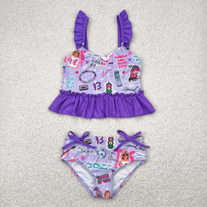 12-18M--14-16T 1989 Singer Purple Ruffles Girls Swimsuits