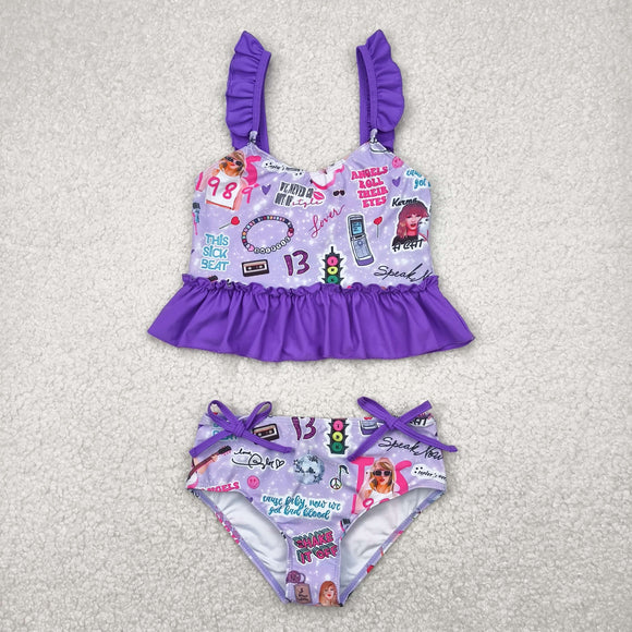 12-18M--14-16T 1989 Singer Purple Ruffles Girls Swimsuits