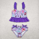 12-18M--14-16T 1989 Singer Purple Ruffles Girls Swimsuits