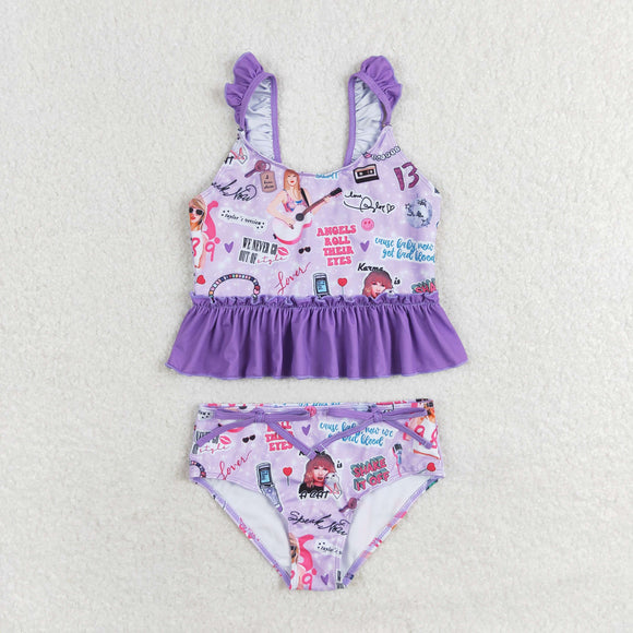 12-18M--14-16T 1989 Singer Purple Ruffles Girls Swimsuits