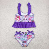 12-18M--14-16T 1989 Singer Purple Ruffles Girls Swimsuits