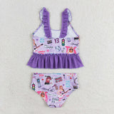 12-18M--14-16T 1989 Singer Purple Ruffles Girls Swimsuits