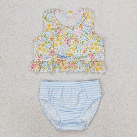 Floral Blue Stripe Girls Swimsuits