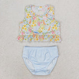 Floral Blue Stripe Girls Swimsuits