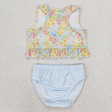 Floral Blue Stripe Girls Swimsuits