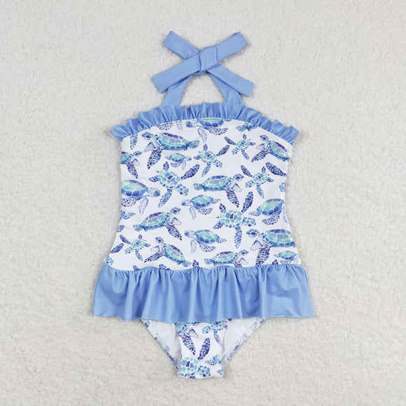 Sea Turtle Blue Ruffles Girls Swimsuits
