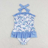 Sea Turtle Blue Ruffles Girls Swimsuits