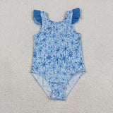 Floral Blue Ruffles Girls Swimsuits