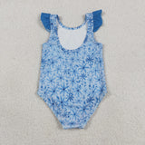 Floral Blue Ruffles Girls Swimsuits