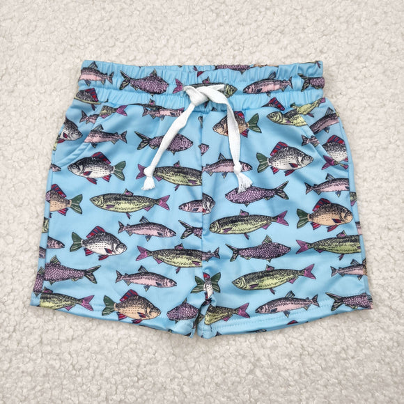 Fish Pattern Blue Boys Swimming Trunks