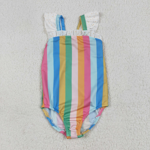 Colorful Stripe Dots Ruffles Girls Swimsuits