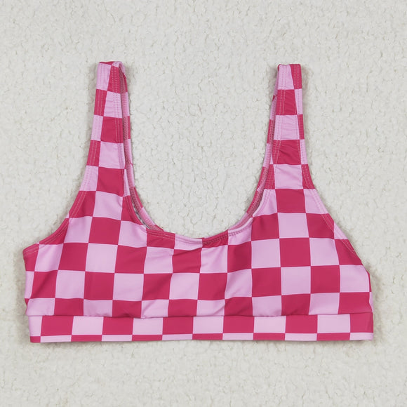 Hot Pink Plaid Adult Swimsuits-Top