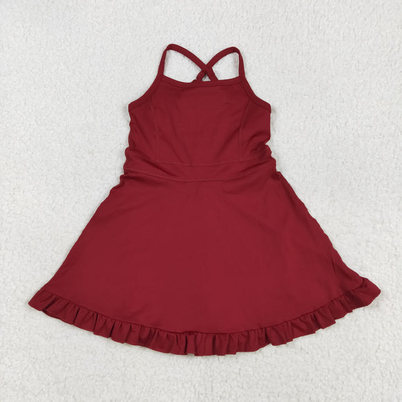 Solid Dark Red Athletic Shorts Girls Swimsuits