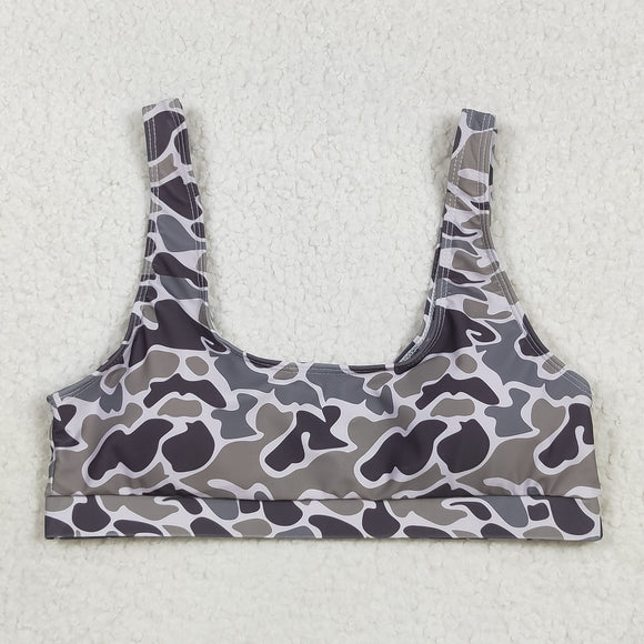 Dark Brown Green Camo Adult Swimsuits-Top