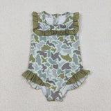 Duck Camo Green Ruffles Bluish Girls Swimsuits