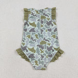 Duck Camo Green Ruffles Bluish Girls Swimsuits