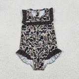 Deer Camo Green Ruffles Girls Swimsuits