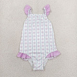 Floral Stripe Purple Ruffles Girls Swimsuits
