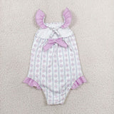 Floral Stripe Purple Ruffles Girls Swimsuits