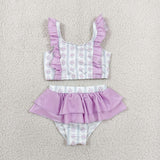 Floral Stripe Purple Ruffles 2pcs Girls Swimsuits