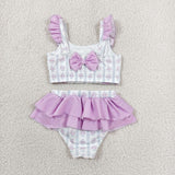 Floral Stripe Purple Ruffles 2pcs Girls Swimsuits