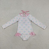 Hydrangea Floral Bow Pattern Plaid Long Sleeve Girls Swimsuits