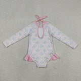 Hydrangea Floral Bow Pattern Plaid Long Sleeve Girls Swimsuits