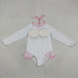 Hydrangea Floral Bow Pattern Plaid Long Sleeve Girls Swimsuits
