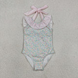 Floral Pink Stripe Ruffles Girls Swimsuits