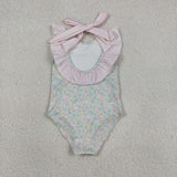 Floral Pink Stripe Ruffles Girls Swimsuits