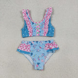 Floral Plaid Ruffles Blue Girls Swimsuits