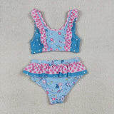 Floral Plaid Ruffles Blue Girls Swimsuits