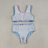 Floral Plaid Ruffles Blue Girls Swimsuits