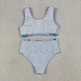 Floral Plaid Ruffles Blue Girls Swimsuits