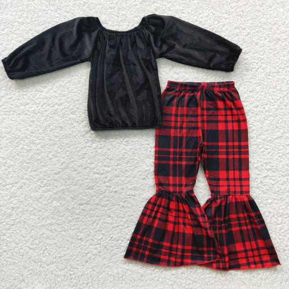 Black Velvet One Shoulder Red Plaid Girls Christmas Outfits