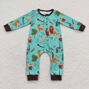 Cartoon Lion Blue Boys Fall Romper