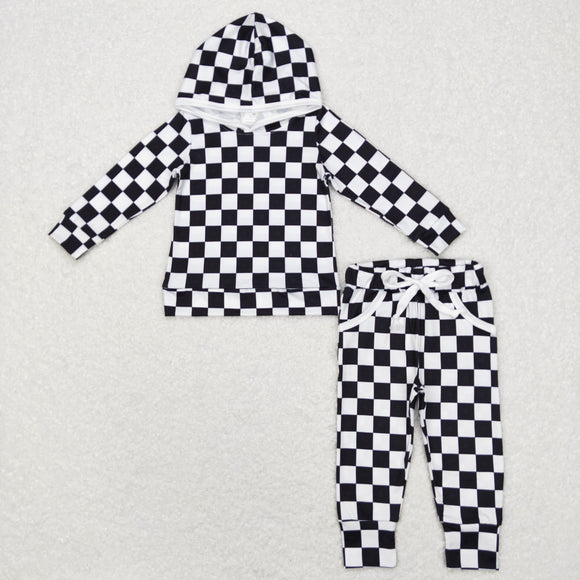 Black Plaid Boys Fall Hoodie Sets