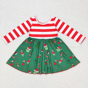 Cartoon Red White Stripe Green Girls Christmas Dress