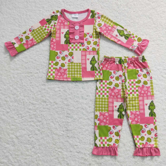 Cartoon Plaid Pink Green Girls Christmas Pajamas