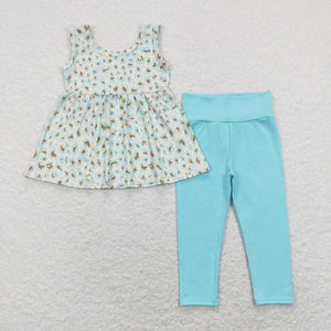 Leopard Print Beige Blue Girls Short Sleeve+Trousers Sets