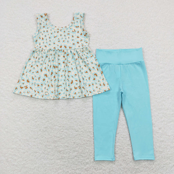 Leopard Print Beige Blue Girls Short Sleeve+Trousers Sets