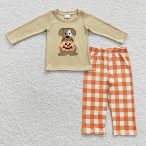 Pumpkin Dog Orange Plaid Beige Boys Halloween Outfits