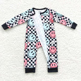 Smile Floral Black Plaid Boys Fall Romper