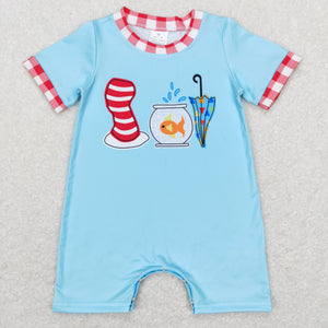 Cartoon Cats Reading Hat Red Plaid Blue Boys Summer Romper