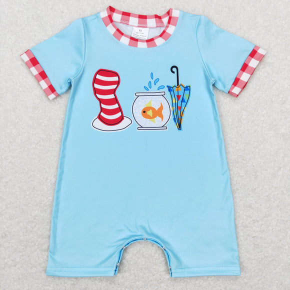 Cartoon Cats Hat Red Plaid Blue Boys Summer Romper