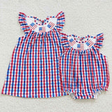 Flag Embroidery Smocked Plaid Girls 4th of July Romper